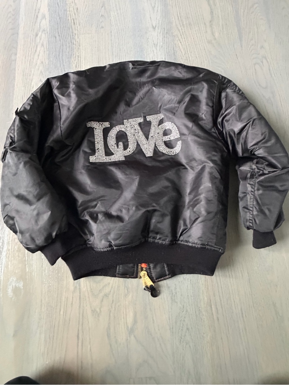 Girls' Black Puffer Bomber Jacket with Rhinestone 'Love' Detail